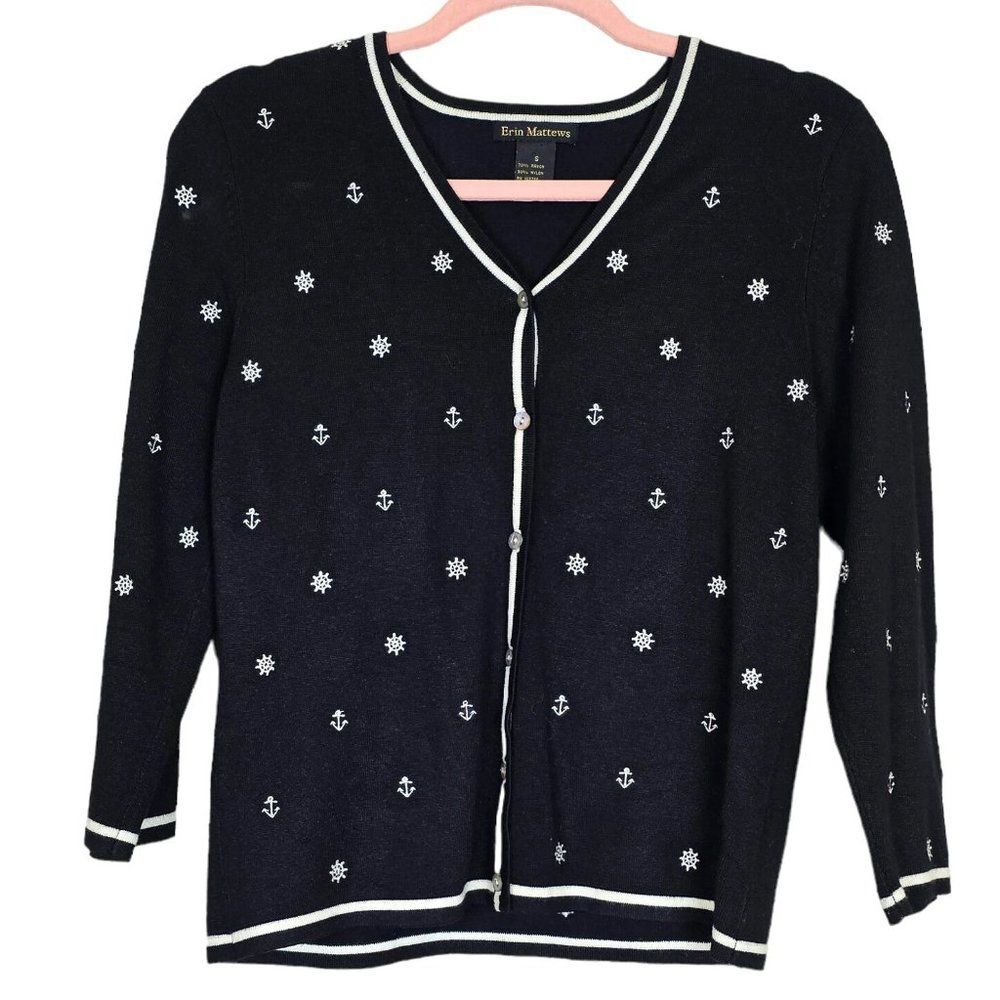 ⚓ ERIN MATTHEWS Vintage Black/White Cardigan Nautical Embroidered Size S⚓